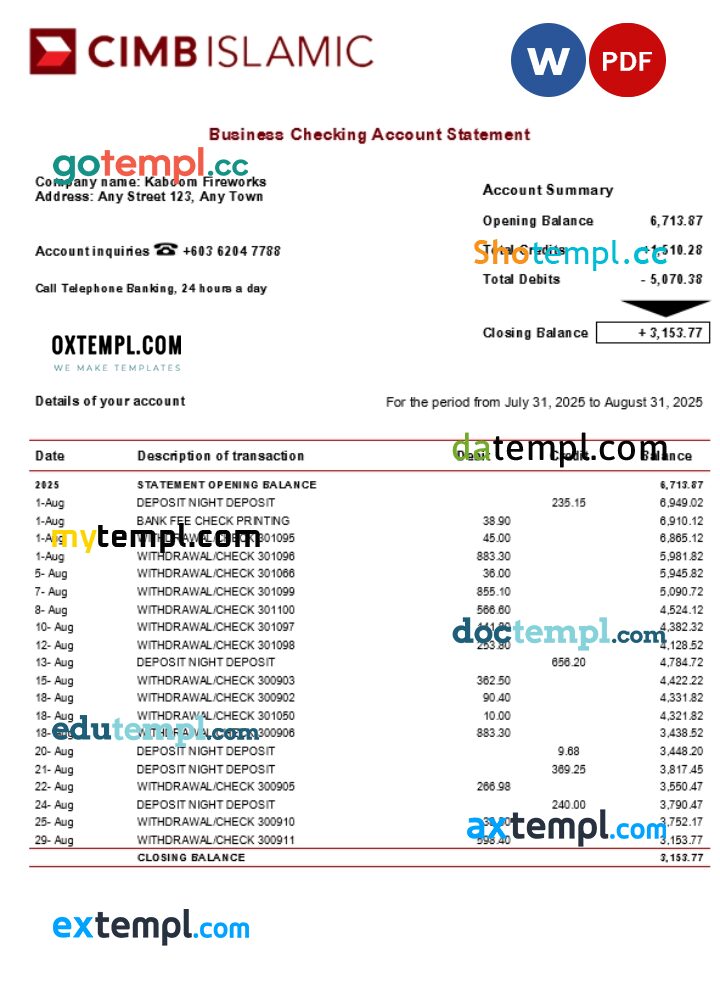CIMB Islamic company checking account statement Word and PDF template CIMB Islamic company checking account statement Word and PDF template