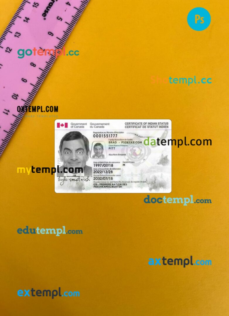 Canada Indian status ID card editable PSD files, scan look and photo-realistic look, 2 in 1 Canada Indian status ID card editable PSD files, scan look and photo-realistic look, 2 in 1