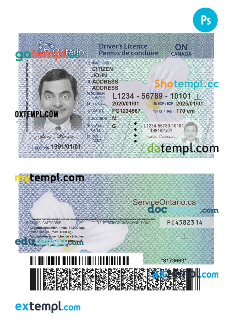 Canada Ontario DL PSD editable template, (2018 – present), version 2 Canada Ontario DL PSD editable template, (2018 – present), version 2