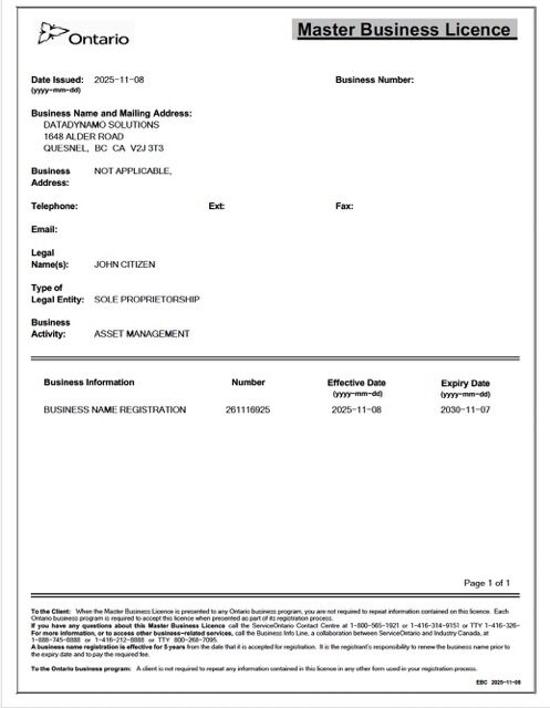 Canada Ontario master business license Word and PDF template Canada Ontario master business license Word and PDF template