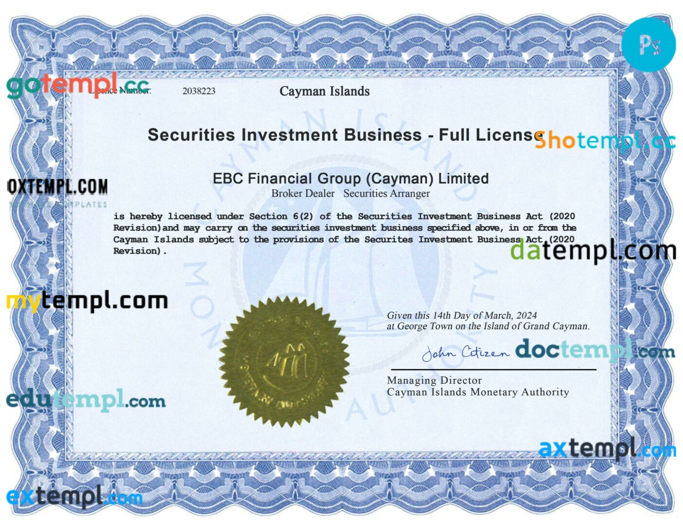Cayman Islands securities Investment business license PSD template Cayman Islands securities Investment business license PSD template