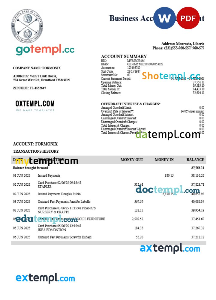 Central Bank of Liberia organization checking account statement Word and PDF template Central Bank of Liberia organization checking account statement Word and PDF template
