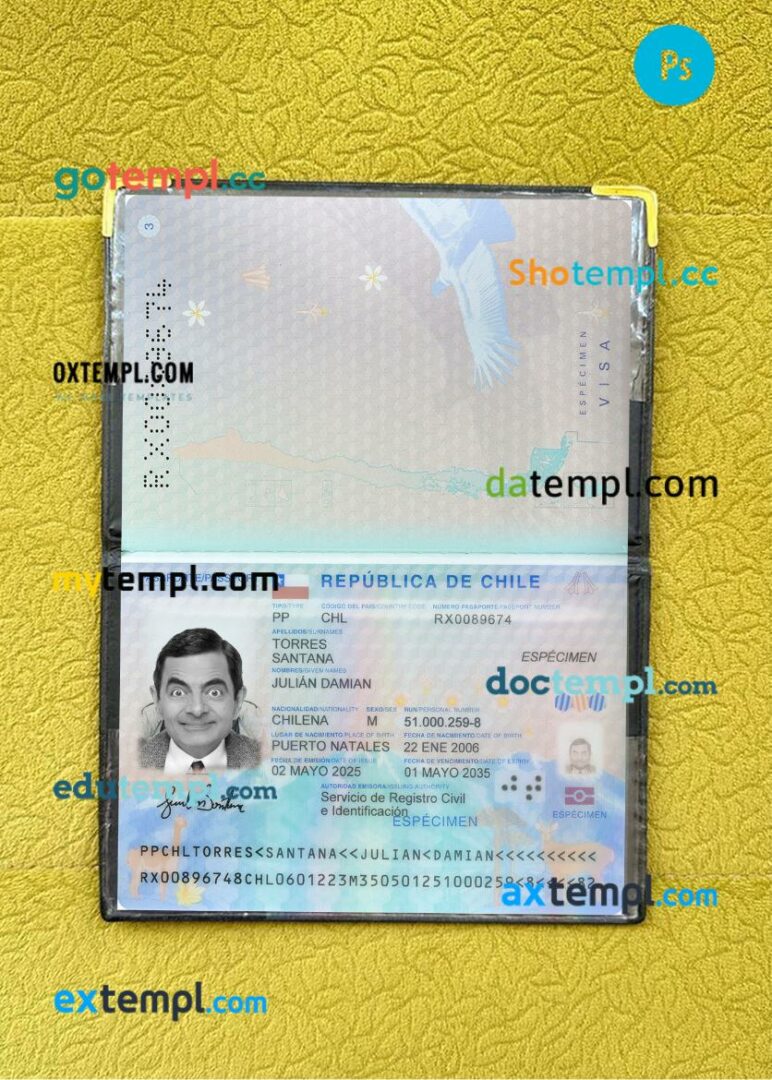 Chile passport editable PSD files with address page, scan and photo-realistic look, 2025-present Chile passport editable PSD files with address page, scan and photo-realistic look, 2025-present