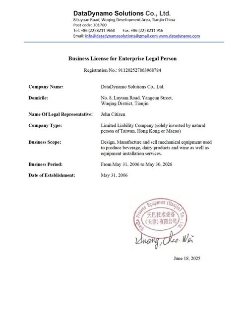 China business license for enterprise legal person Word and PDF template China business license for enterprise legal person Word and PDF template