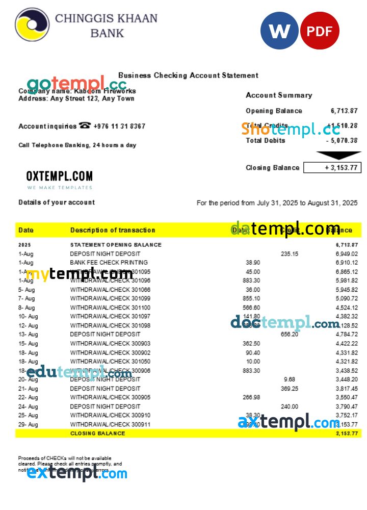 Chinggis Khaan company checking account statement Word and PDF template Chinggis Khaan company checking account statement Word and PDF template