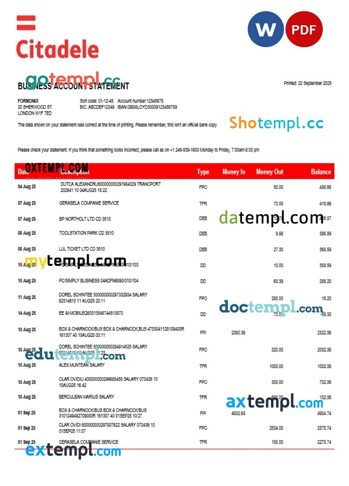 Citadele enterprise account statement Word and PDF template Citadele enterprise account statement Word and PDF template