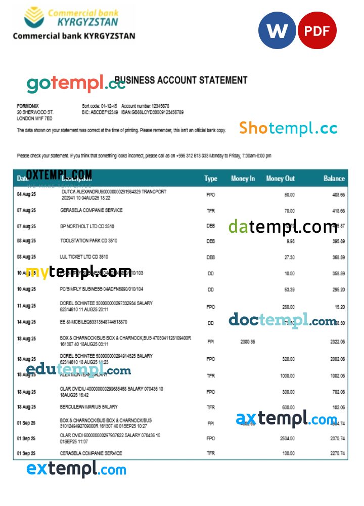 Commercial business account statement Word and PDF template Commercial business account statement Word and PDF template
