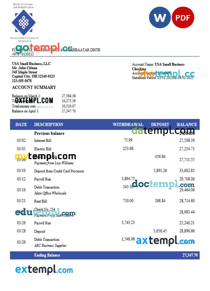 Development Bank of Mongolian organization checking account statement Word and PDF template Development Bank of Mongolian organization checking account statement Word and PDF template