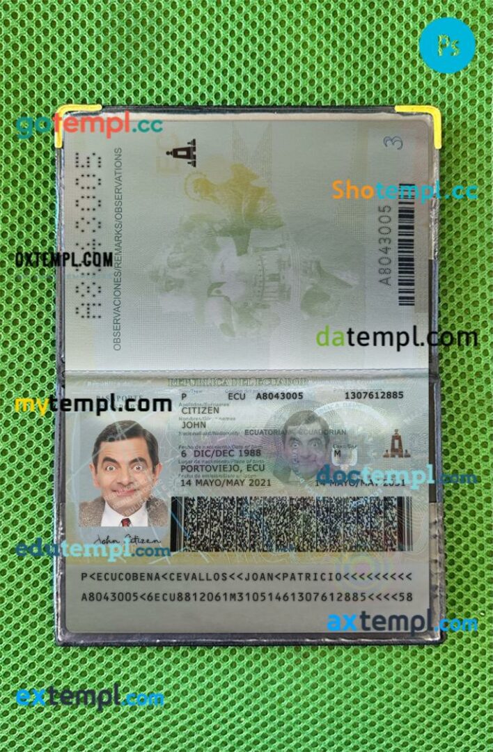 Ecuador passport editable PSD files with address page, scan and photo-realistic look, 2021-present Ecuador passport editable PSD files with address page, scan and photo-realistic look, 2021-present