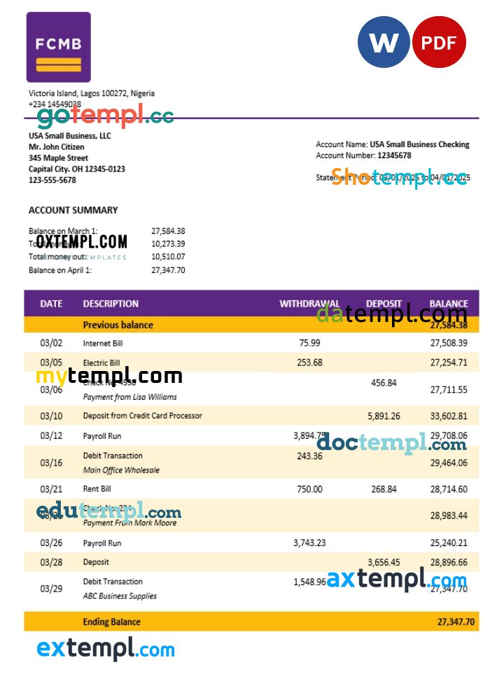FCMB organization checking account statement Word and PDF template FCMB organization checking account statement Word and PDF template