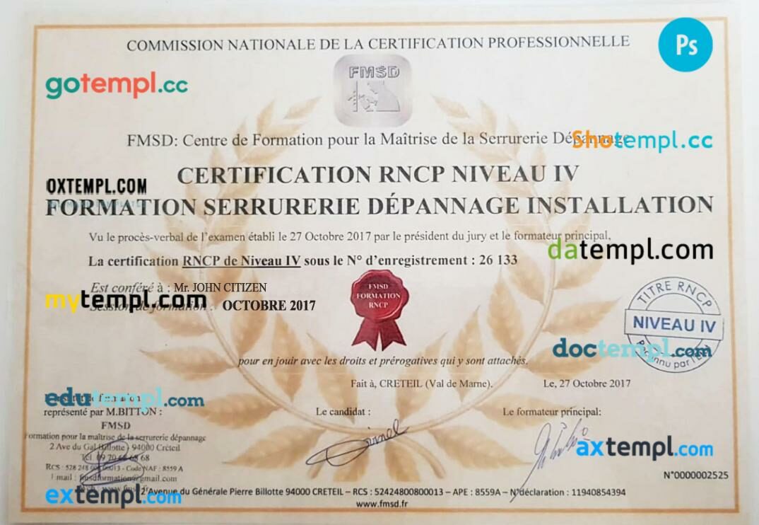 France FMSD diploma certificate template in PSD format France FMSD diploma certificate template in PSD format