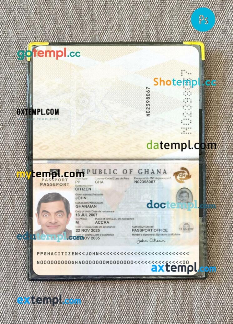 Ghana passport PSD files with address page, scan and photo-realistic look, 2025-present Ghana passport PSD files with address page, scan and photo-realistic look, 2025-present