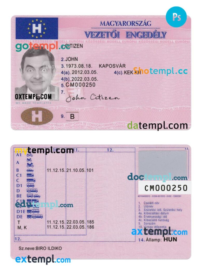 Hungary driving license PSD editable template, version 2