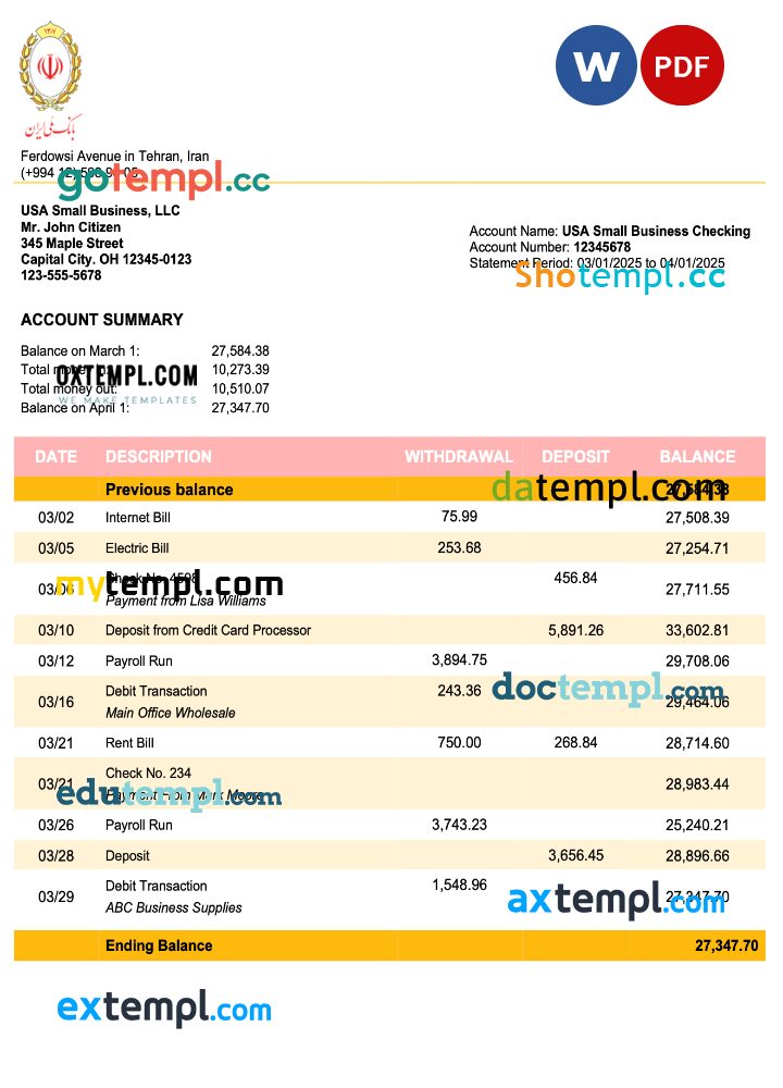Iran Melli Bank business checking account statement Word and PDF template Iran Melli Bank business checking account statement Word and PDF template