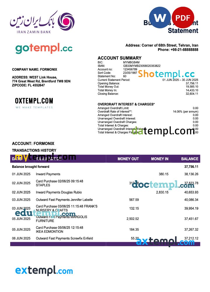 Iran Zamin bank firm account statement Word and PDF template Iran Zamin bank firm account statement Word and PDF template