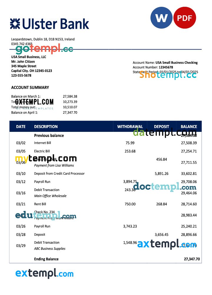 Irish Ulster Bank business checking account statement Word and PDF template Irish Ulster Bank business checking account statement Word and PDF template