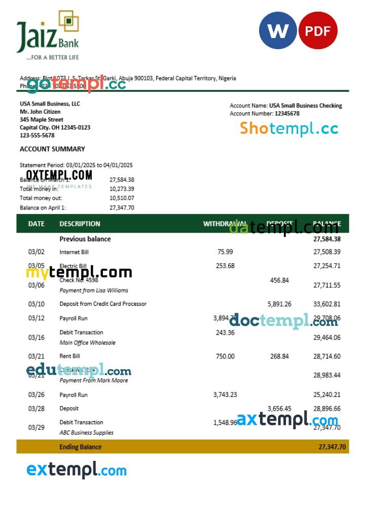 Jaiz business bank statement Word and PDF format Jaiz business bank statement Word and PDF format
