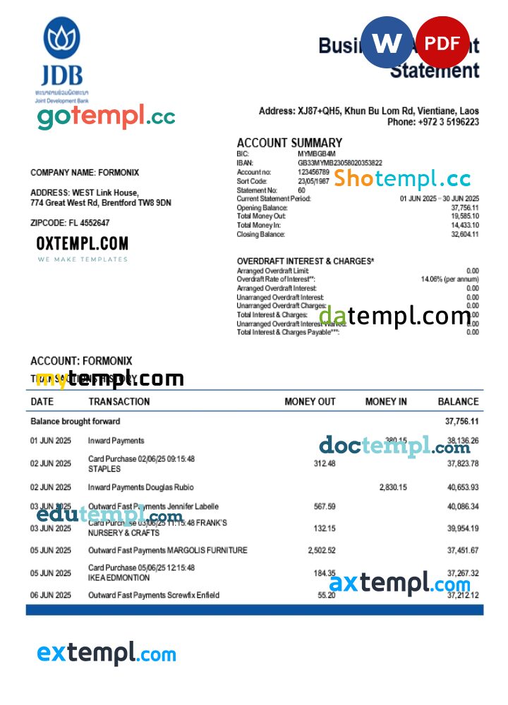 Joint Development firm account statement Word and PDF template Joint Development firm account statement Word and PDF template