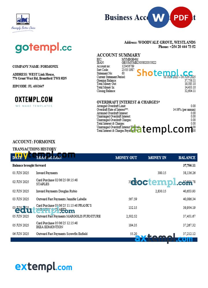 Kenyan ABC organization checking account statement Word and PDF format Kenyan ABC organization checking account statement Word and PDF format