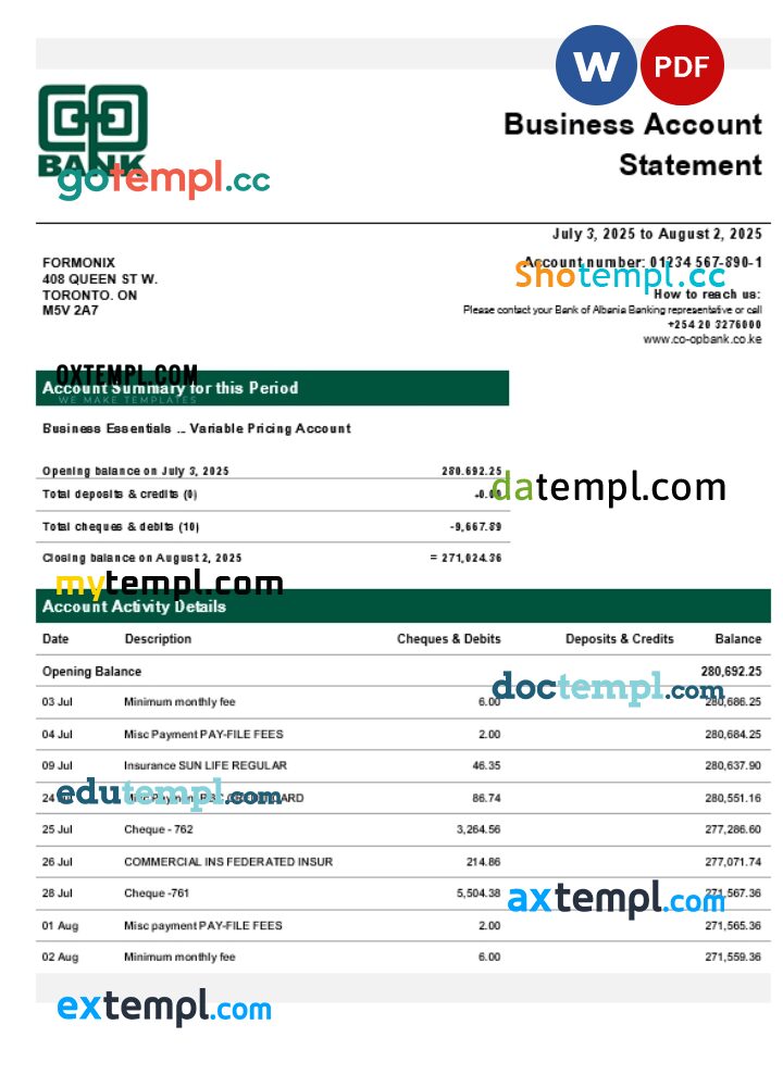 Kenyan Co-operative company checking account statement Word and PDF template Kenyan Co-operative company checking account statement Word and PDF template