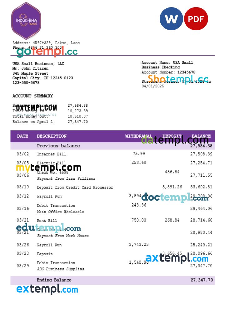 Laos Indochina business account statement Word and PDF template Laos Indochina business account statement Word and PDF template
