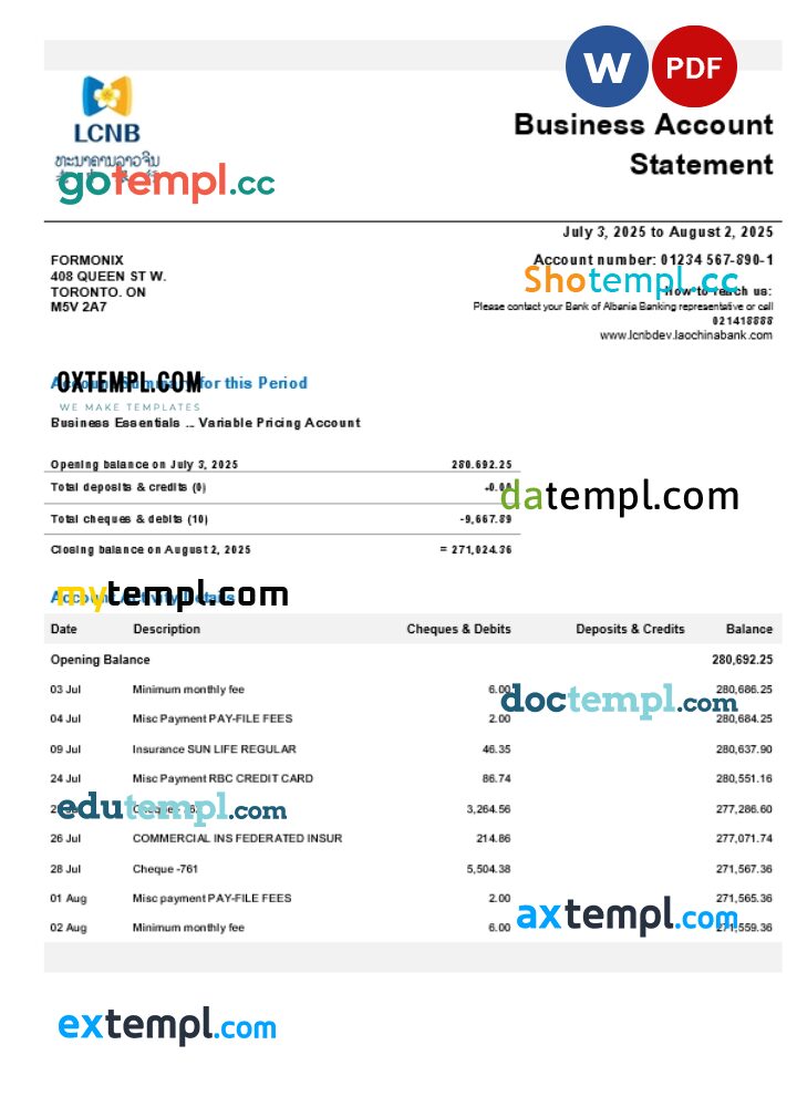 Laos LCNB company checking account statement Word and PDF template Laos LCNB company checking account statement Word and PDF template