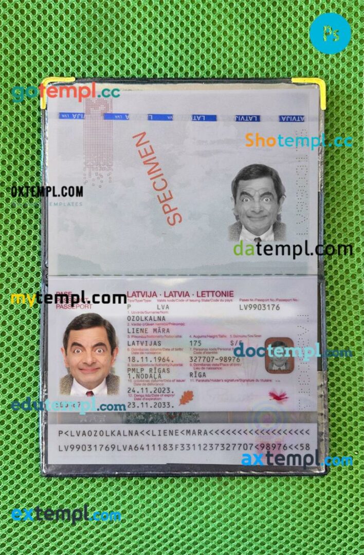 Latvia passport editable PSD files with address page, scan and photo-realistic look, 2023-present Latvia passport editable PSD files with address page, scan and photo-realistic look, 2023-present