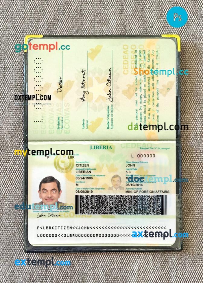 Liberia passport editable PSD files with address page, scan and photo-realistic look, version 2 Liberia passport editable PSD files with address page, scan and photo-realistic look, version 2