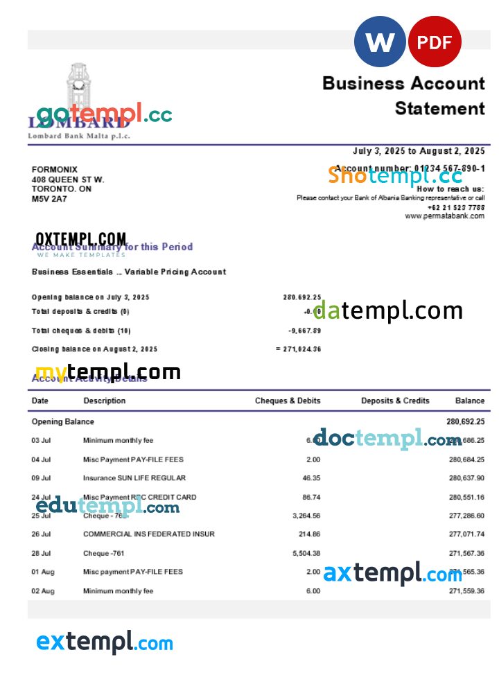 Lombard firm account statement Word and PDF template Lombard firm account statement Word and PDF template