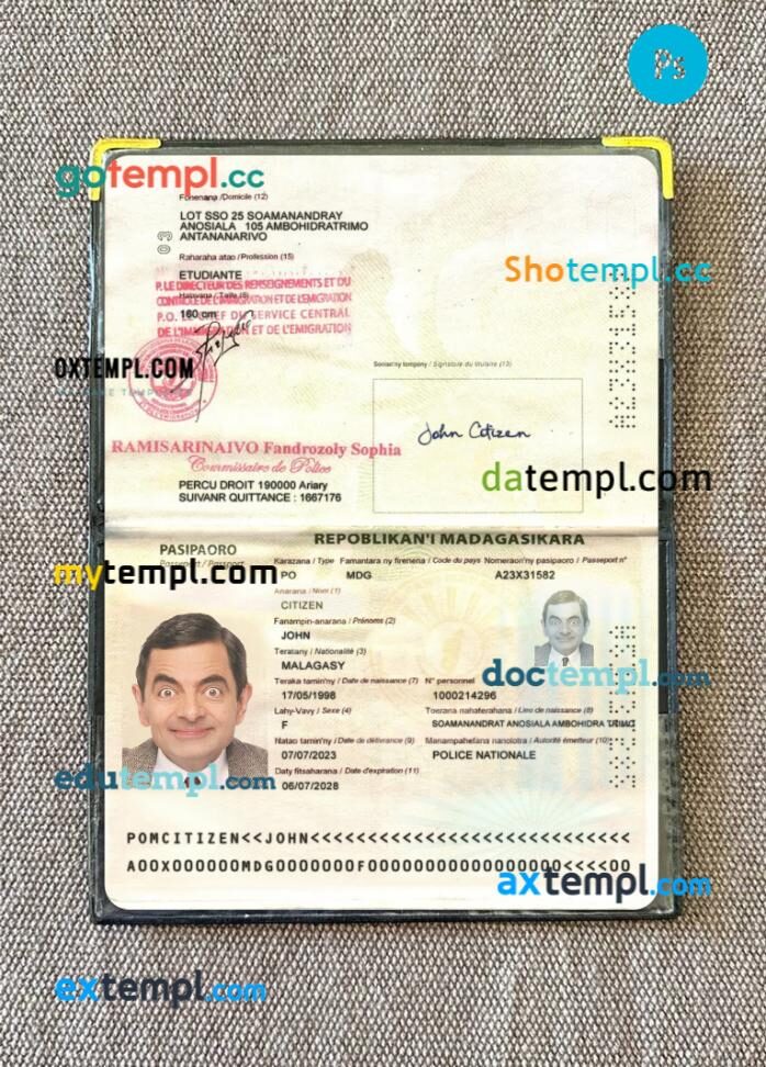 Madagascar passport PSD files with address page, scan and photo-realistic look, 2023-present Madagascar passport PSD files with address page, scan and photo-realistic look, 2023-present