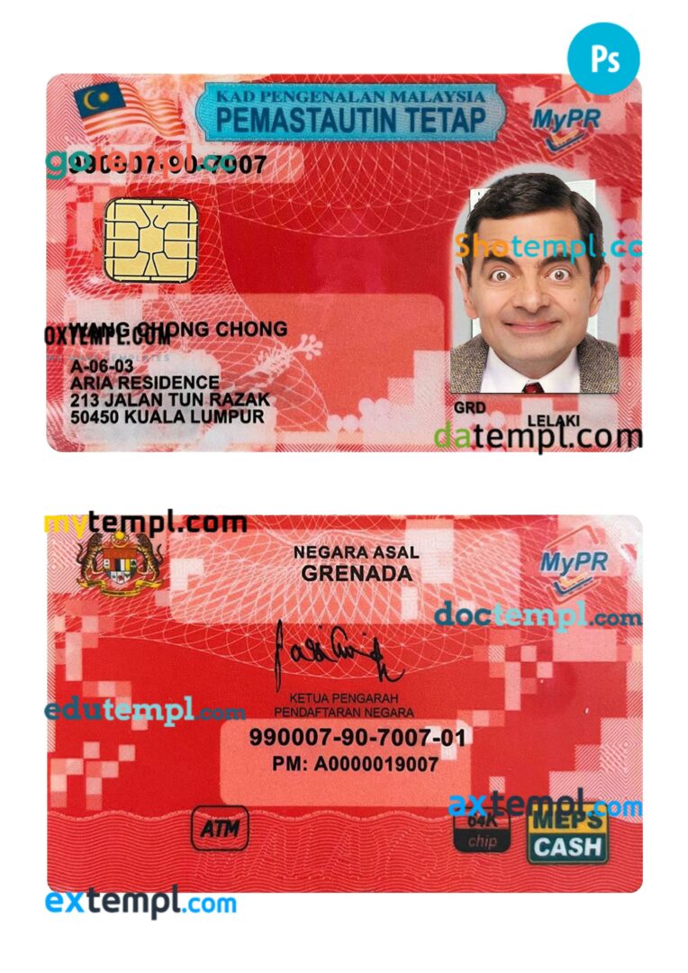 Malaysia permanent resident card PSD example Malaysia permanent resident card PSD example