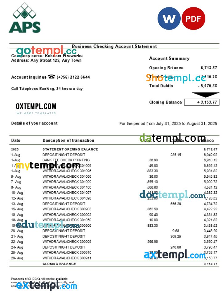 Maltese APS business account statement Word and PDF template Maltese APS business account statement Word and PDF template