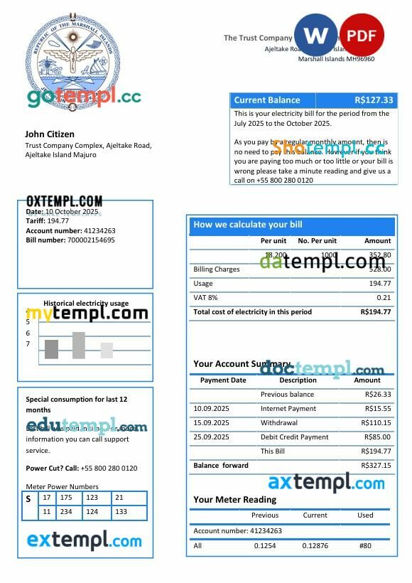 Marshall Islands electricity utility bill template in Word and PDF formats Marshall Islands electricity utility bill template in Word and PDF formats