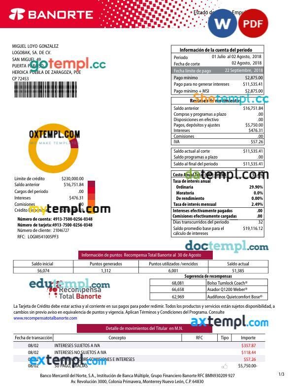 Mexico Banorte bank statement template in Word and PDF format, 3 pages Mexico Banorte bank statement template in Word and PDF format, 3 pages