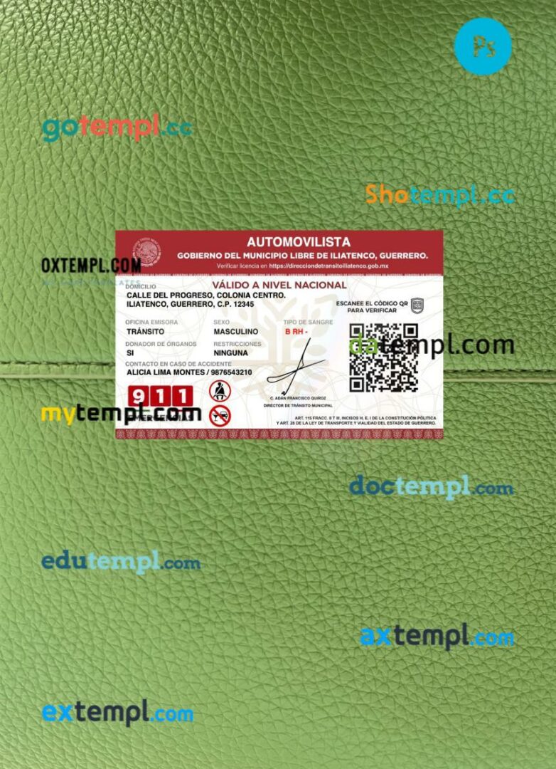 Mexico Guerrero state driving license PSD files, scan look and photographed image, 2 in 1 Mexico Guerrero state driving license PSD files, scan look and photographed image, 2 in 1 - Image 2