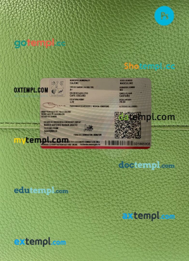 Mexico Sonora state driving license PSD files, scan look and photographed image, 2 in 1 Mexico Sonora state driving license PSD files, scan look and photographed image, 2 in 1 - Image 2