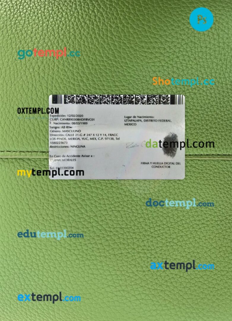 Mexico Yucatan state driving license PSD files, scan look and photographed image, 2 in 1 Mexico Yucatan state driving license PSD files, scan look and photographed image, 2 in 1 - Image 2