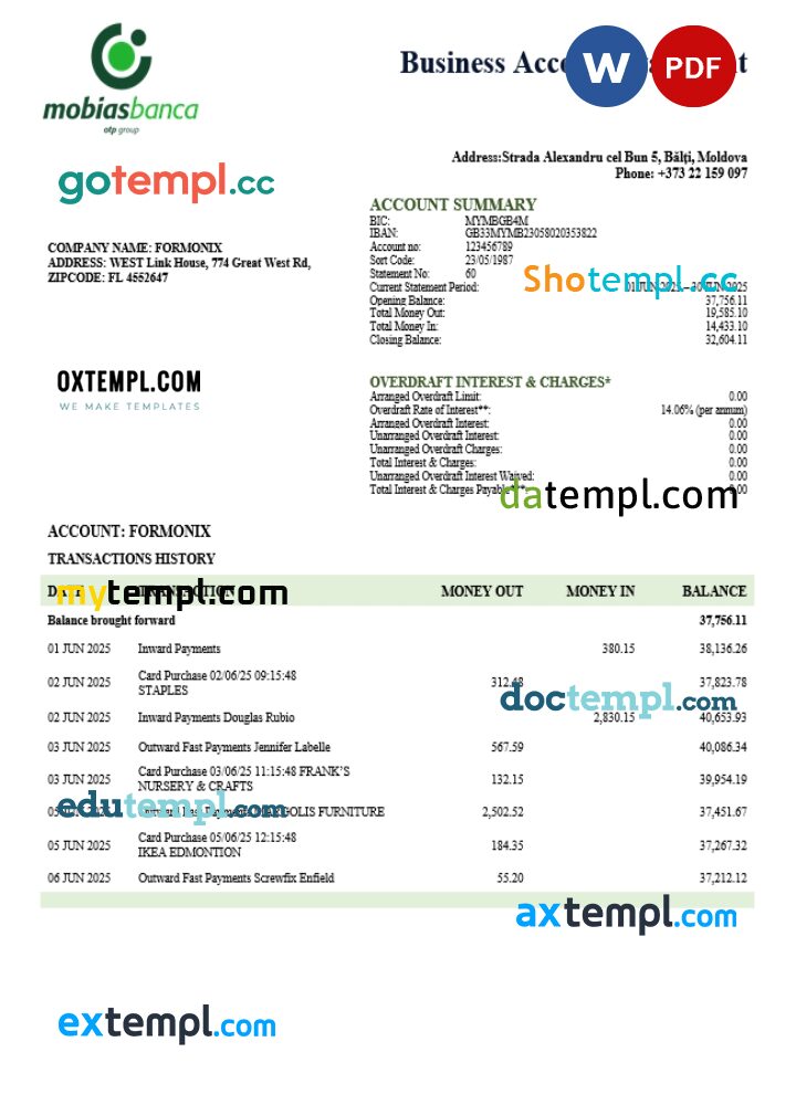 MobiasBanca organization checking account statement Word and PDF template MobiasBanca organization checking account statement Word and PDF template