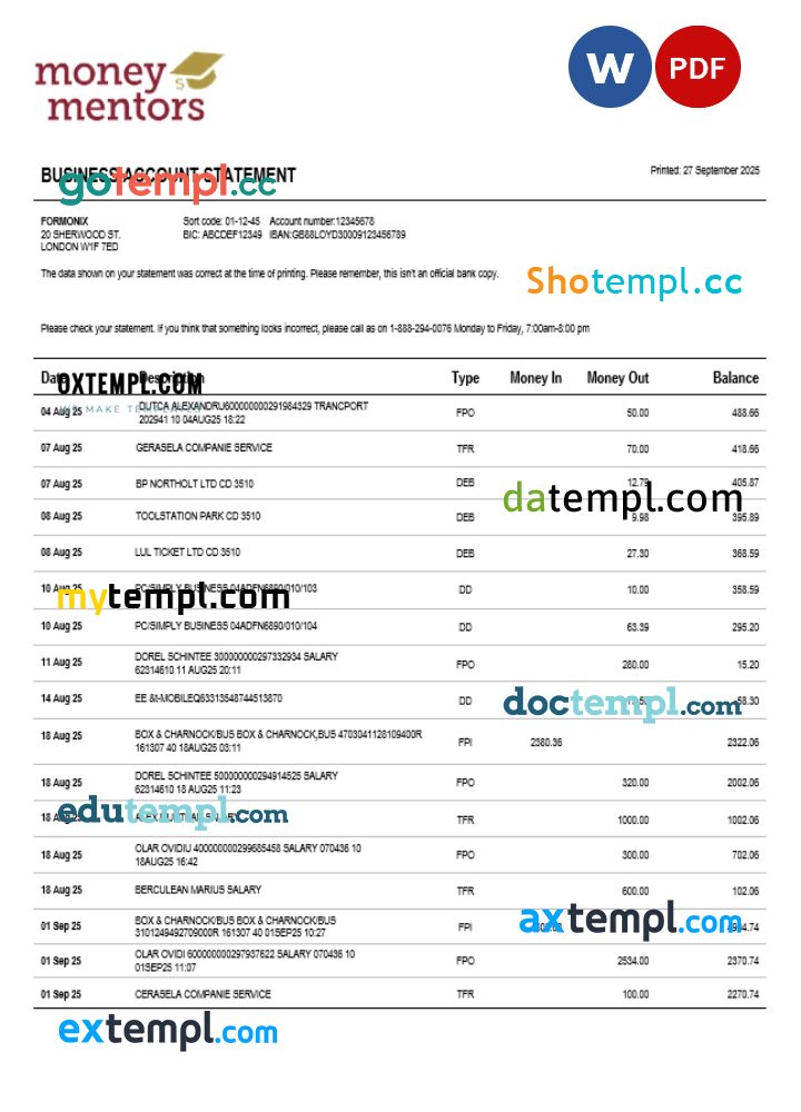 Money Mentors company checking account statement Word and PDF template Money Mentors company checking account statement Word and PDF template