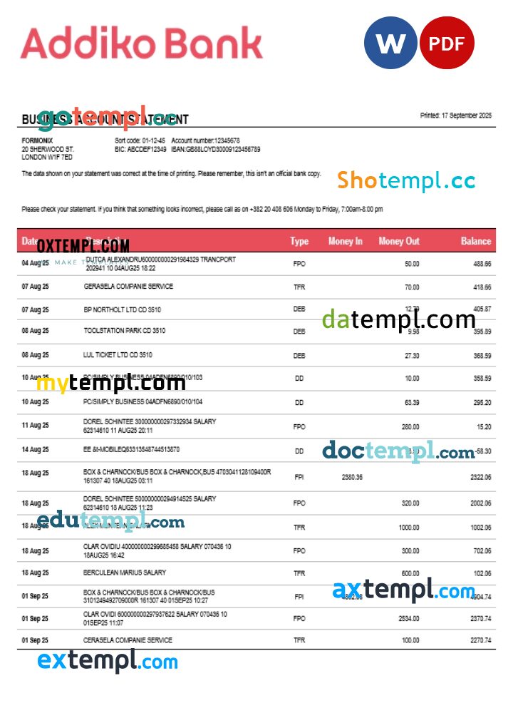 Montenegro Addiko enterprise account statement Word and PDF template Montenegro Addiko enterprise account statement Word and PDF template