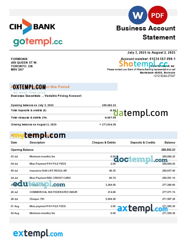 Morocco CIH business account statement Word and PDF template Morocco CIH business account statement Word and PDF template