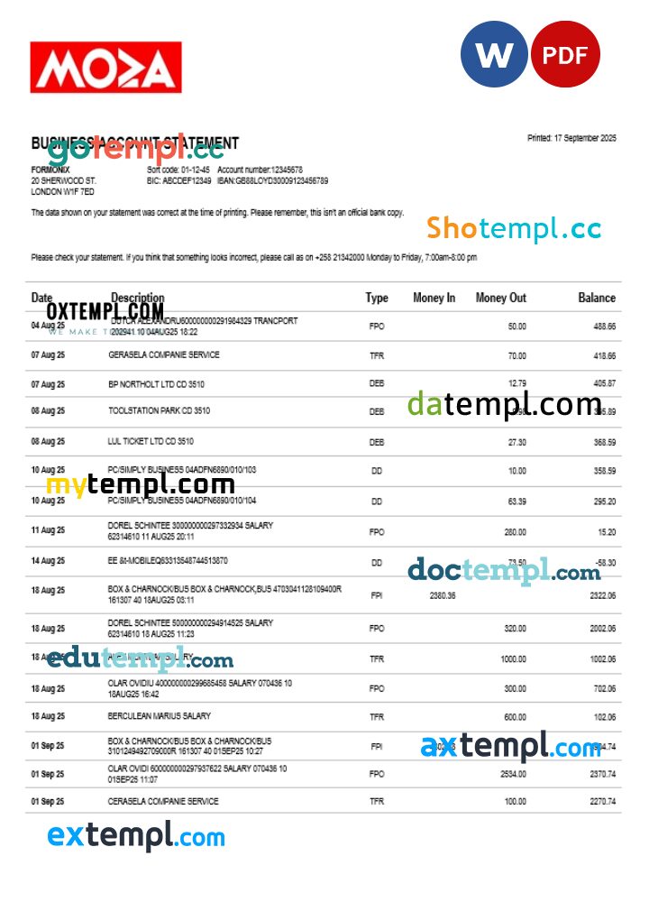 Moza Banco firm account statement Word and PDF template Moza Banco firm account statement Word and PDF template