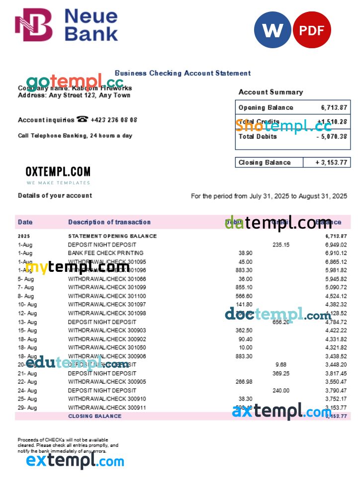 Neue Bank AG firm account statement Word and PDF template Neue Bank AG firm account statement Word and PDF template