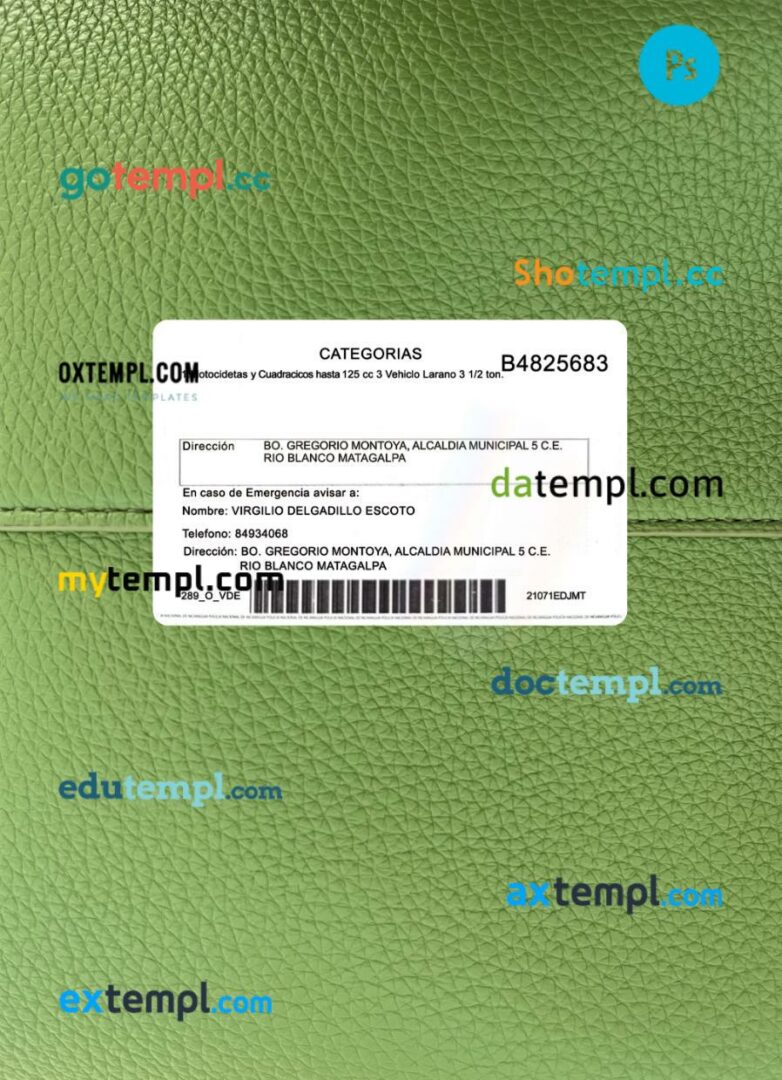 Nicaragua driving license PSD files, scan look and photographed image, 2 in 1, 2019-present Nicaragua driving license PSD files, scan look and photographed image, 2 in 1, 2019-present - Image 2