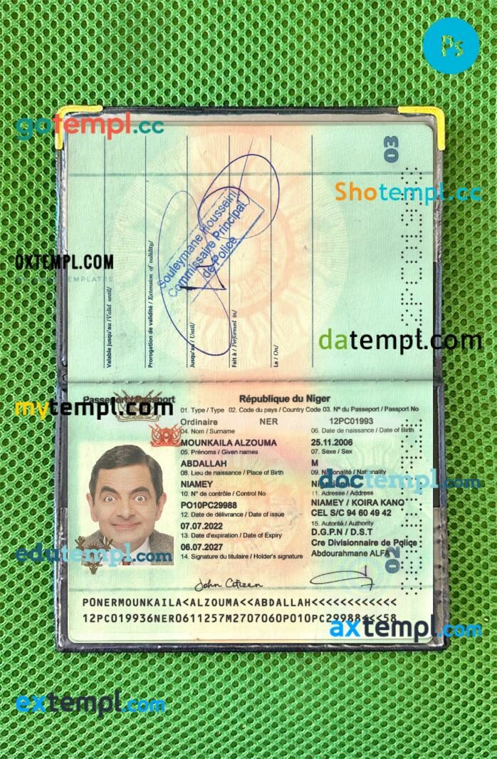 Niger Republic passport editable PSD files with address page, scan and photo-realistic look, 2022-present Niger Republic passport editable PSD files with address page, scan and photo-realistic look, 2022-present