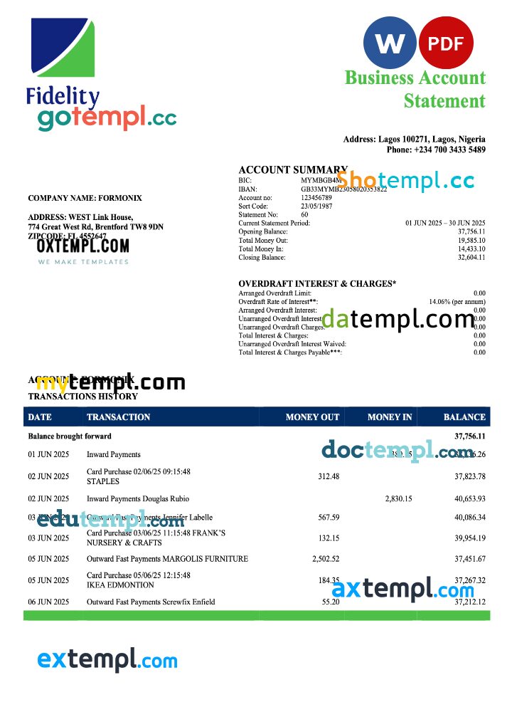 Nigeria Fidelity Bank enterprise account statement Word and PDF template Nigeria Fidelity Bank enterprise account statement Word and PDF template