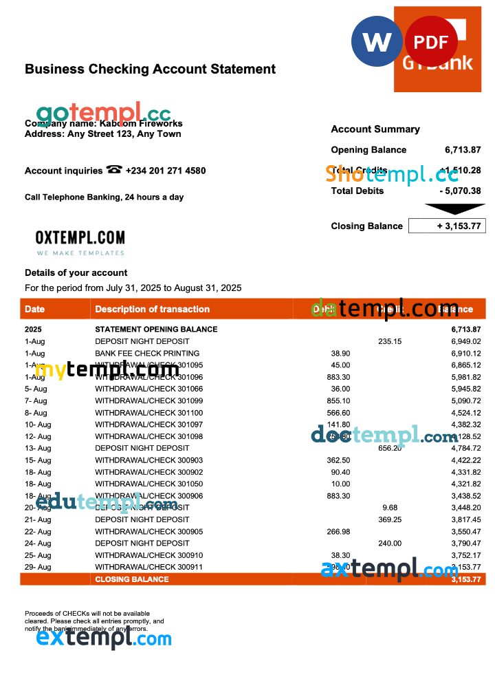 Nigeria GTBank firm account statement Word and PDF template Nigeria GTBank firm account statement Word and PDF template
