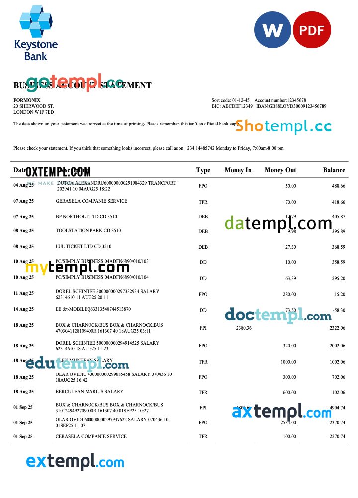 Nigeria Keystone Bank organization account statement Word and PDF template Nigeria Keystone Bank organization account statement Word and PDF template