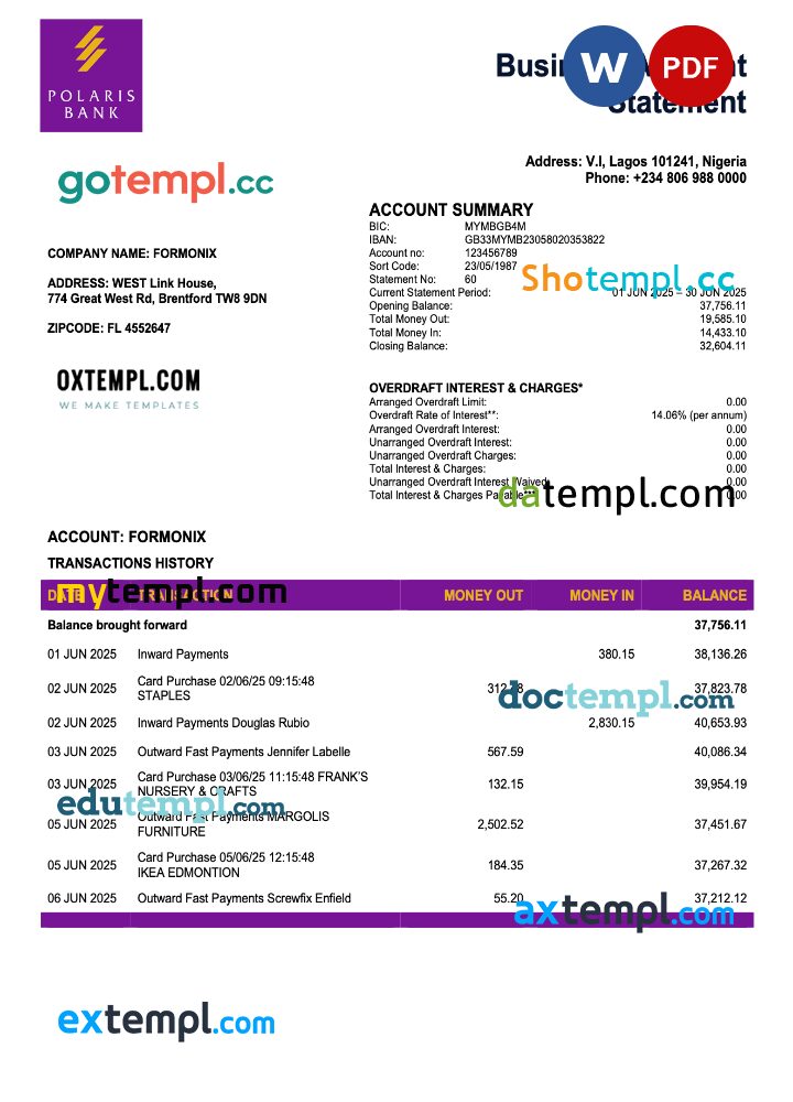Nigeria Polaris enterprise account statement Word and PDF template Nigeria Polaris enterprise account statement Word and PDF template