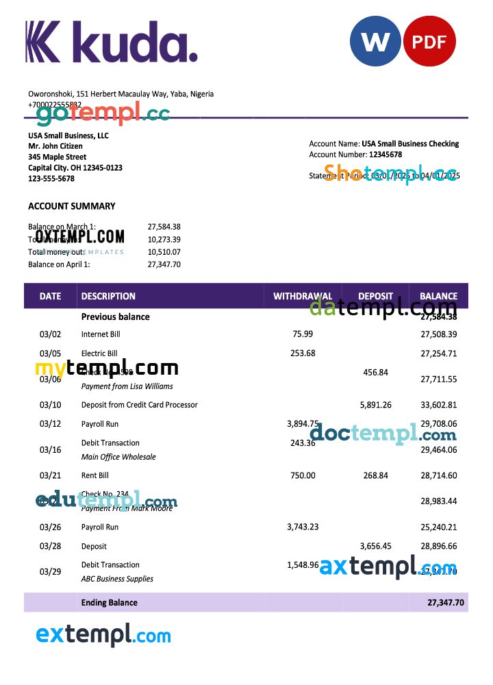 Nigeria KudaBank organization account statement Word and PDF template Nigeria KudaBank organization account statement Word and PDF template